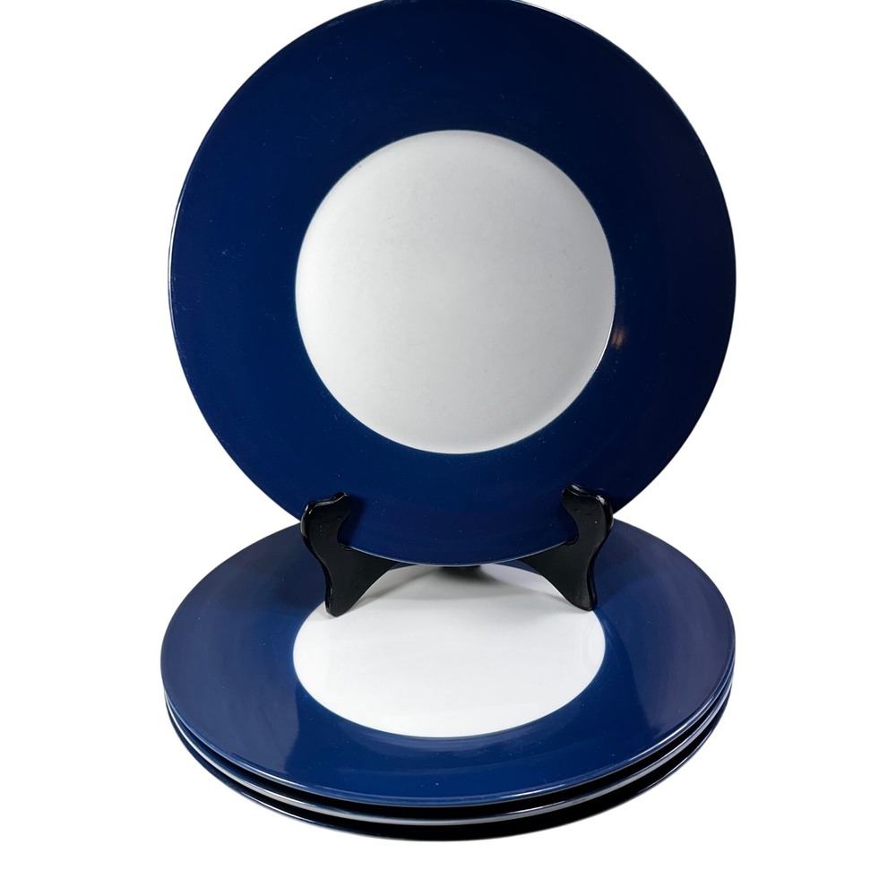 Crate & Barrel Tognana Blue Rim‎ Dinner Plates Set of 4 White Navy Italy Style